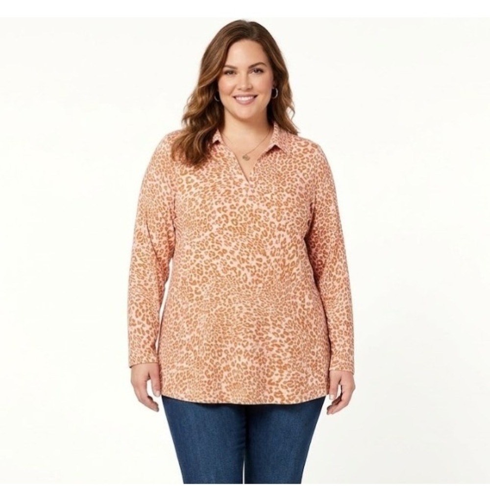 Isaac Mizrahi size XL Pink Brown Leopard Print Collar‎ Popover Stretch Knit Top